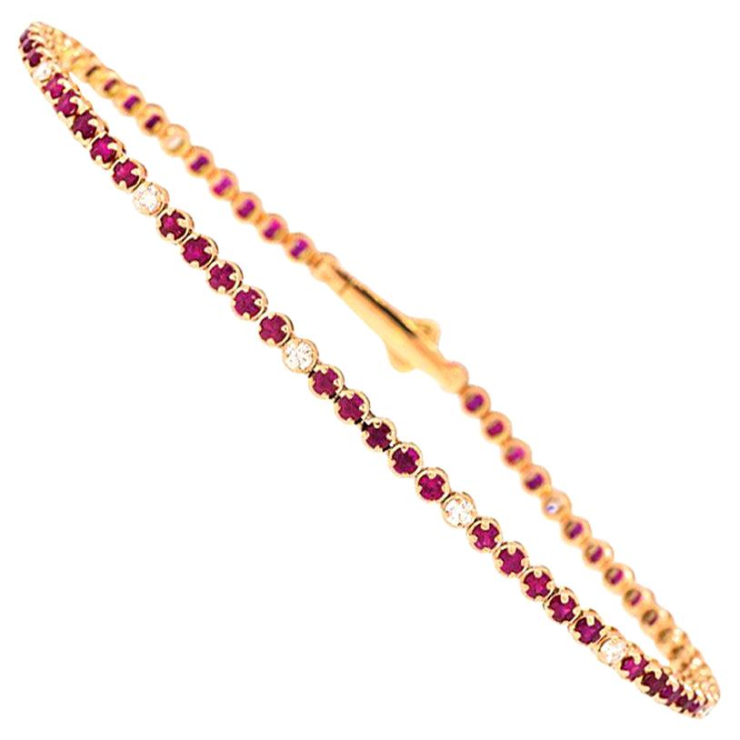 18 Karat Rose Gold, White Diamond and Red Ruby Tennis Bracelet by Alessa Jewelry For Sale