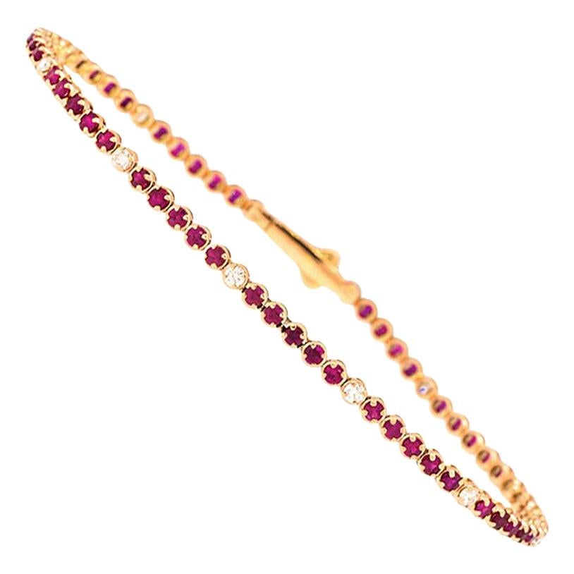 18 Karat Rose Gold, White Diamond and Red Ruby Tennis Bracelet by Alessa Jewelry For Sale