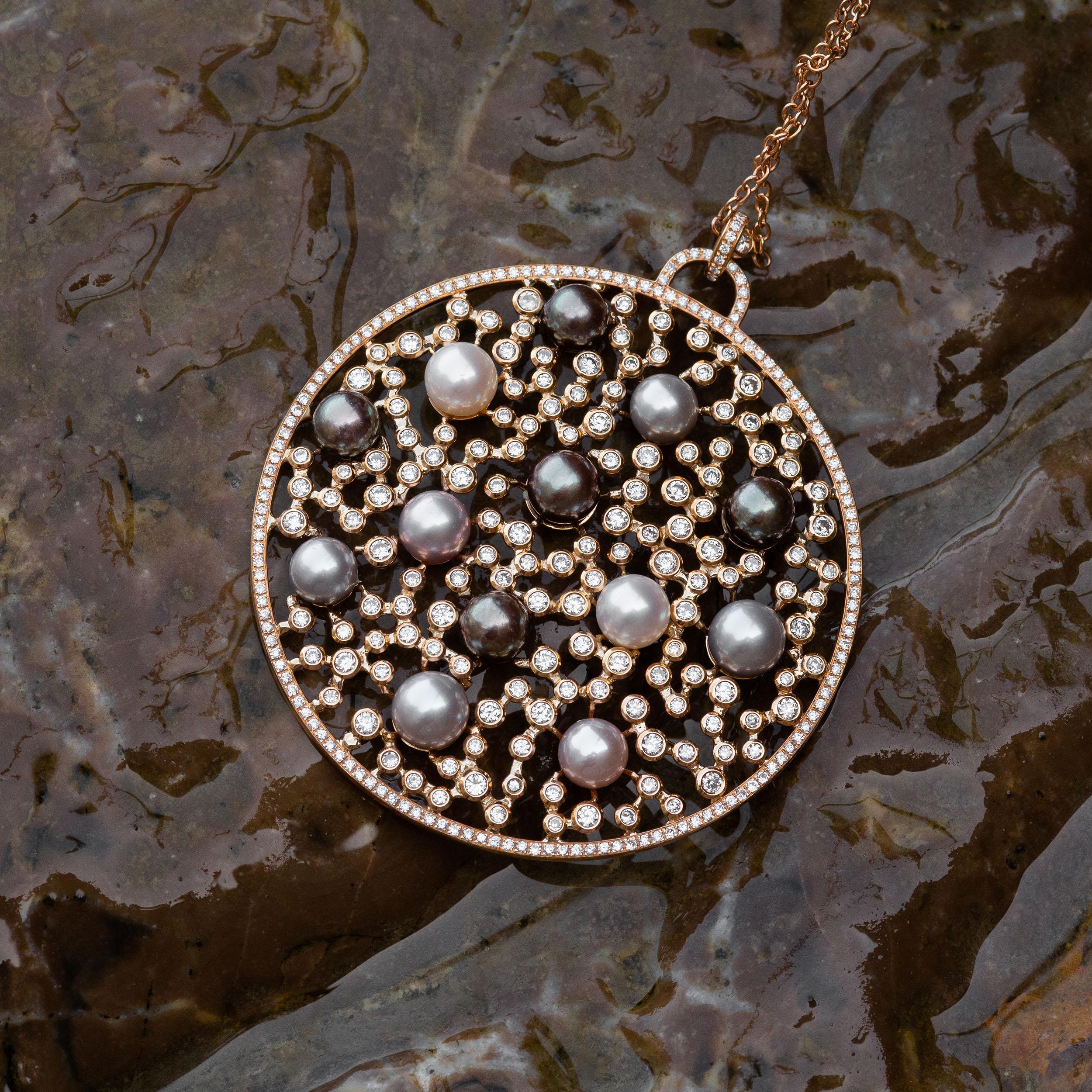 Contemporary 18 Karat Rose Gold White Diamond Australian Pearl Pendant For Sale
