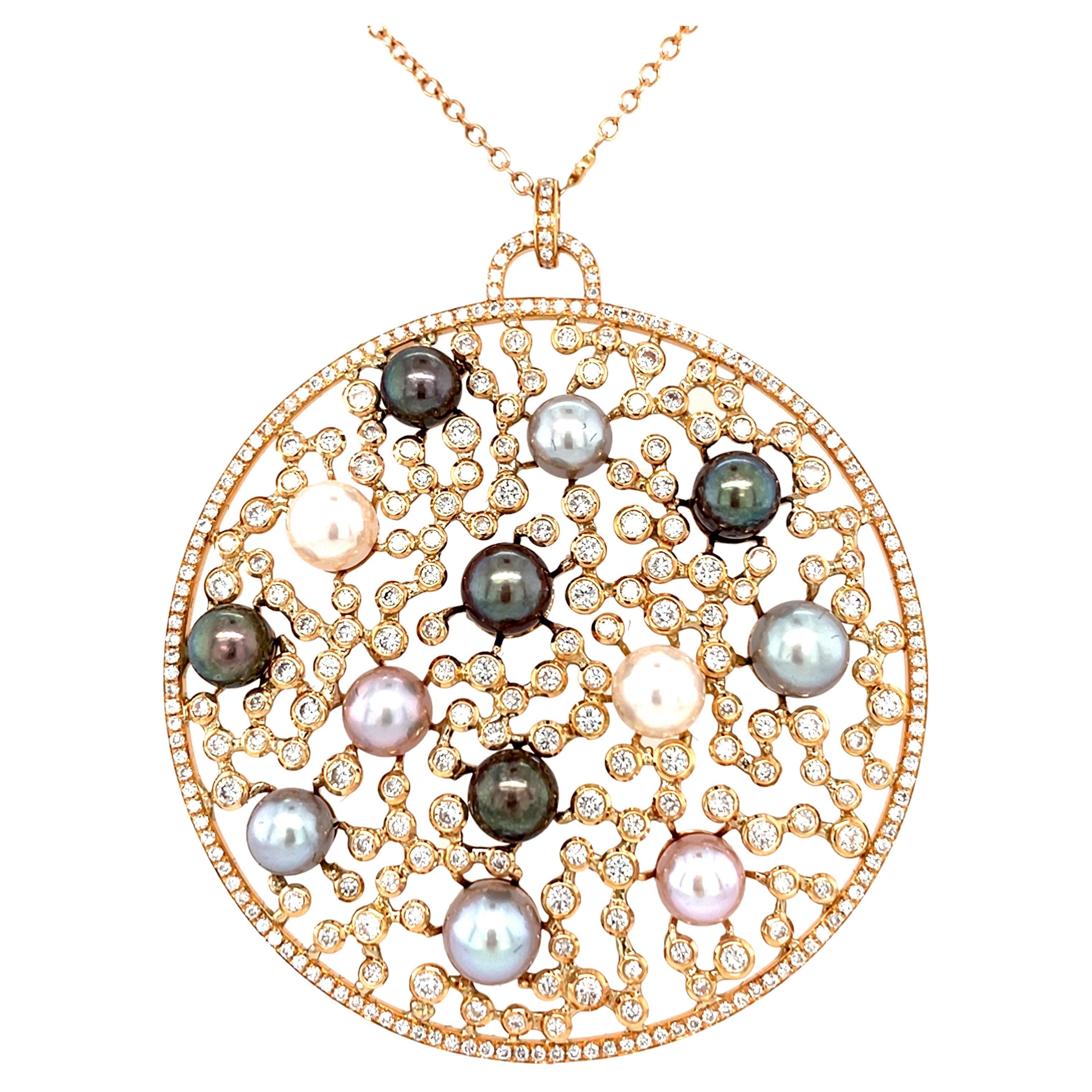 18 Karat Rose Gold White Diamond Australian Pearl Pendant For Sale