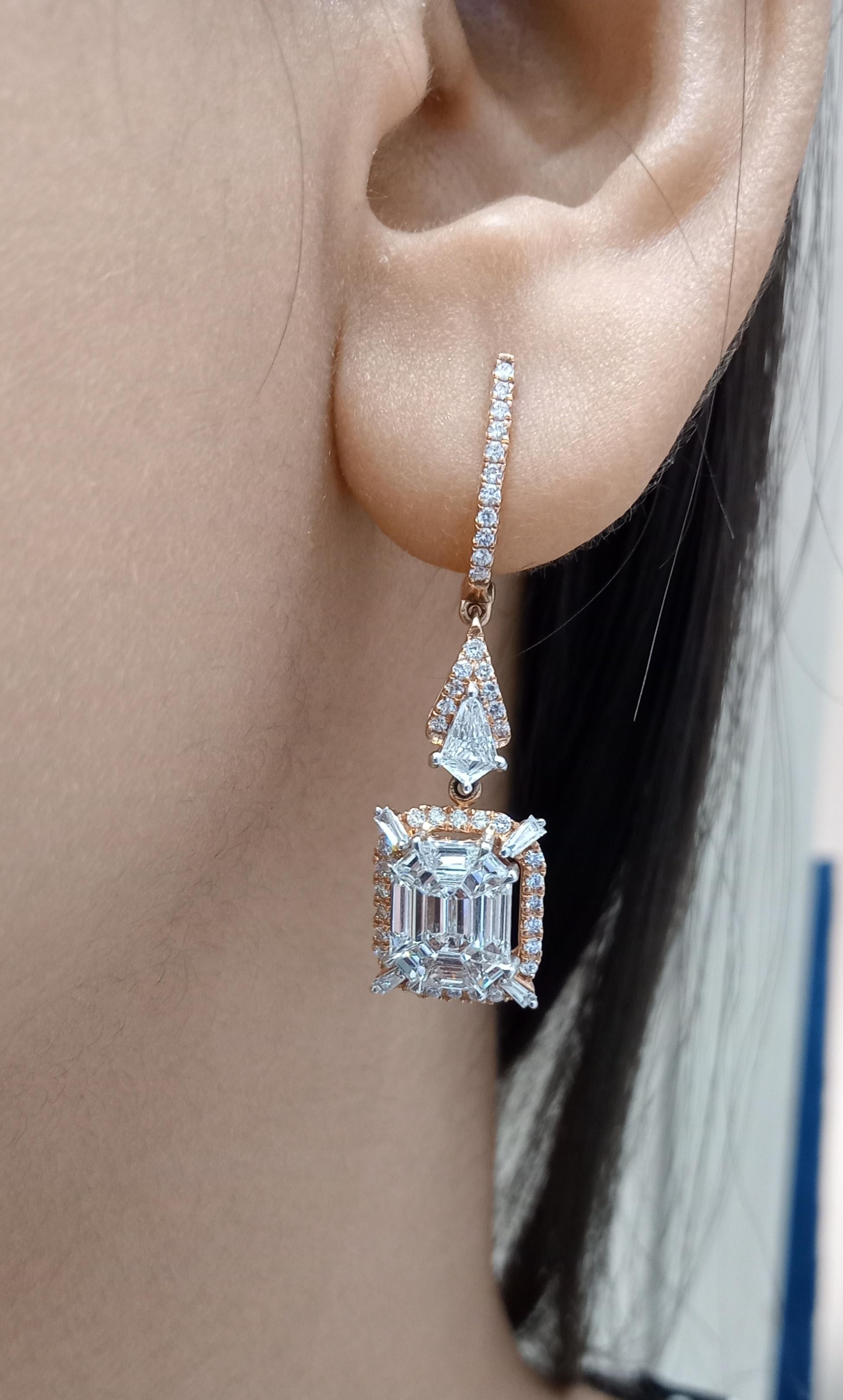 Mixed Cut 18 Karat Rose Gold White Diamond Hoop Earrings  For Sale