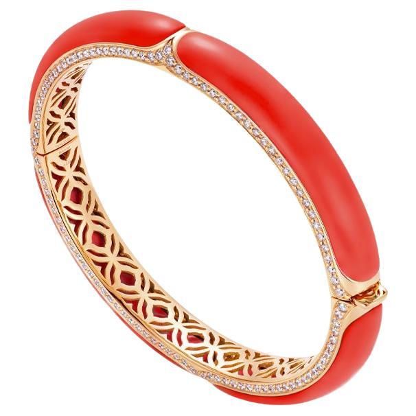 18 Karat Rose Gold, White Diamonds and Coral Bangle For Sale