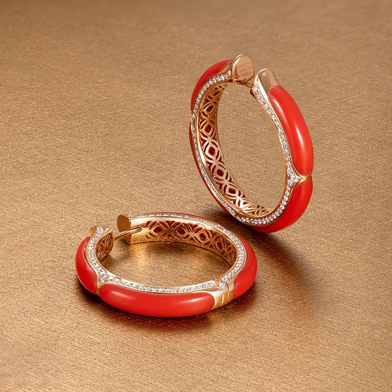 Contemporary 18 Karat Rose Gold, White Diamonds and Coral Hoop Earrings For Sale