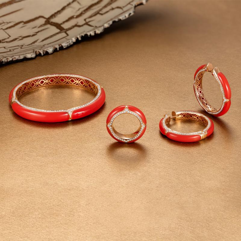 Round Cut 18 Karat Rose Gold, White Diamonds and Coral Hoop Earrings For Sale