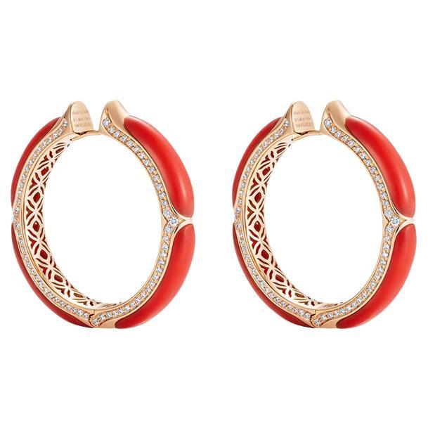 18 Karat Rose Gold, White Diamonds and Coral Hoop Earrings