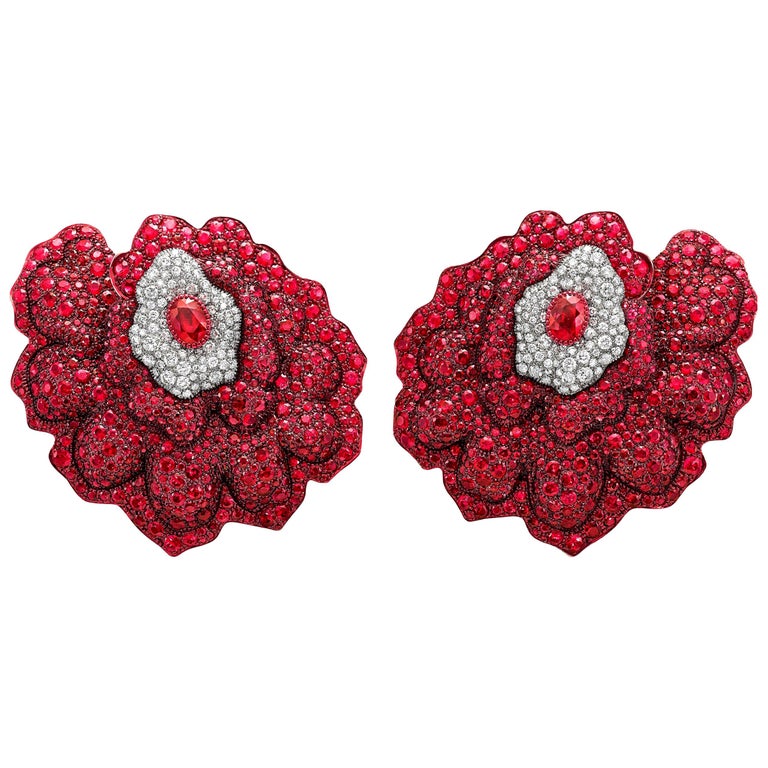 18 Karat Rose Gold, White Diamonds and Mozambican Rubies Earrings For ...