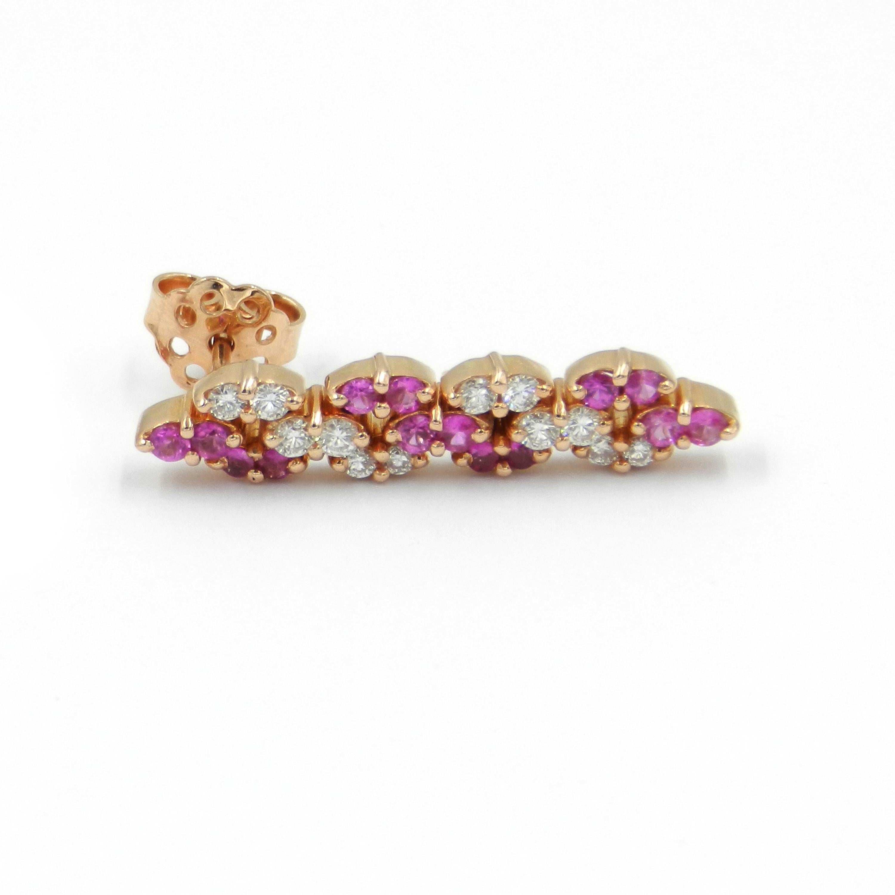 Contemporary 18 Karat Rose Gold White Diamonds and Pink Sapphires Garavelli Dangling Earrings For Sale