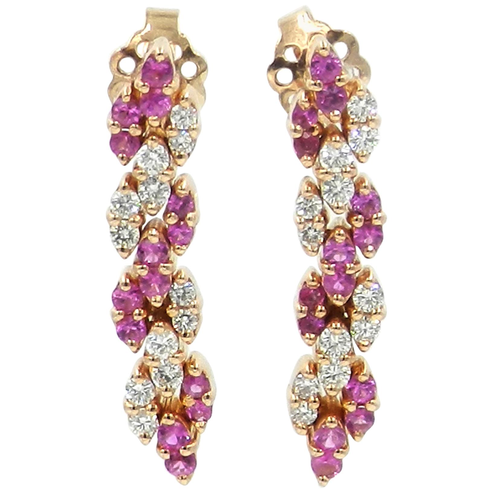 18 Karat Rose Gold White Diamonds and Pink Sapphires Garavelli Dangling Earrings For Sale