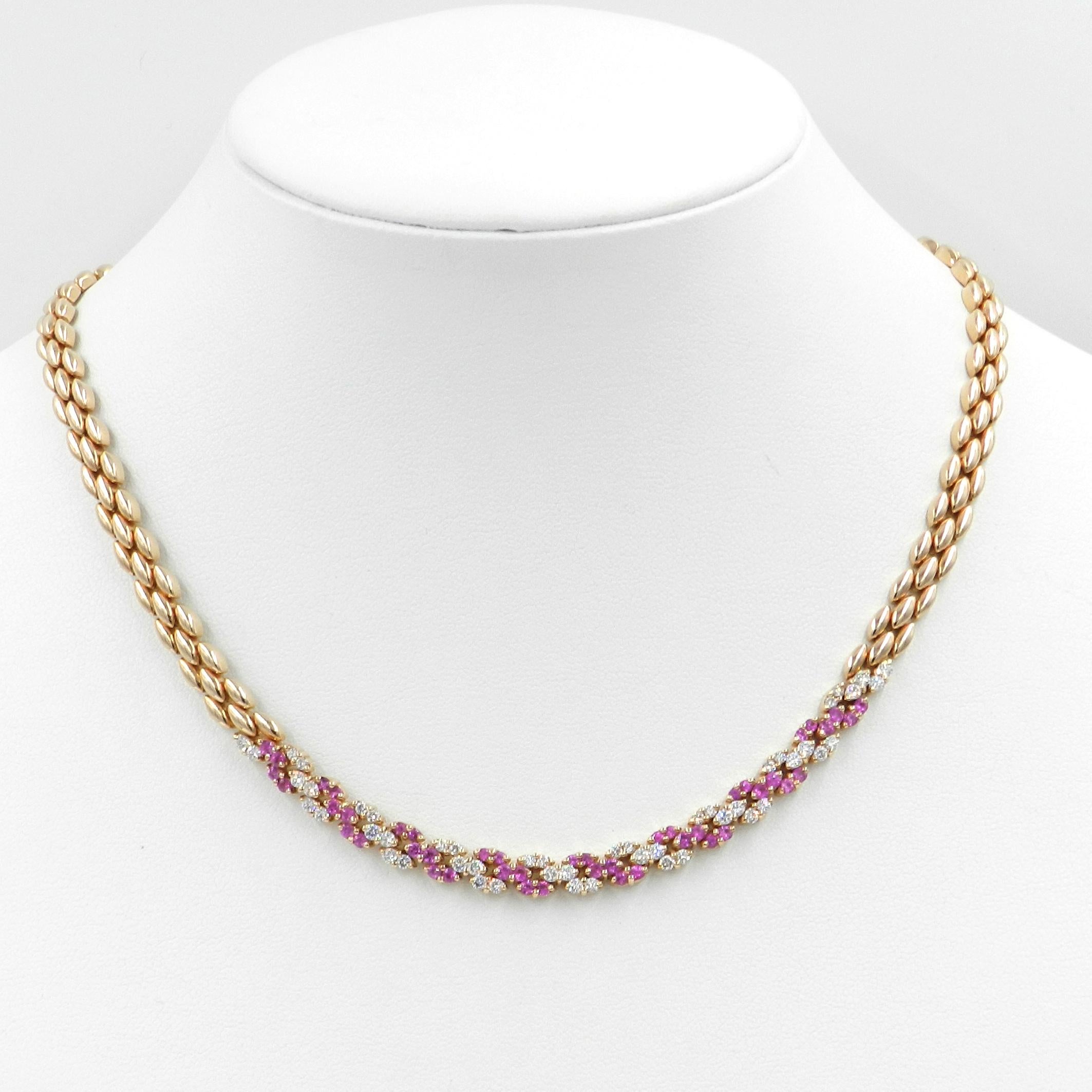 18KT Rose Gold WHITE DIAMONDS and PINK SAPPHIRES GARAVELLI NECKLACE
Lenght  16 inches - centimeters 40 
GOLD gr  : 46,71
WHITE DIAMONDS ct : 0,86
PINK SAPPHIRES ct  : 1,19
