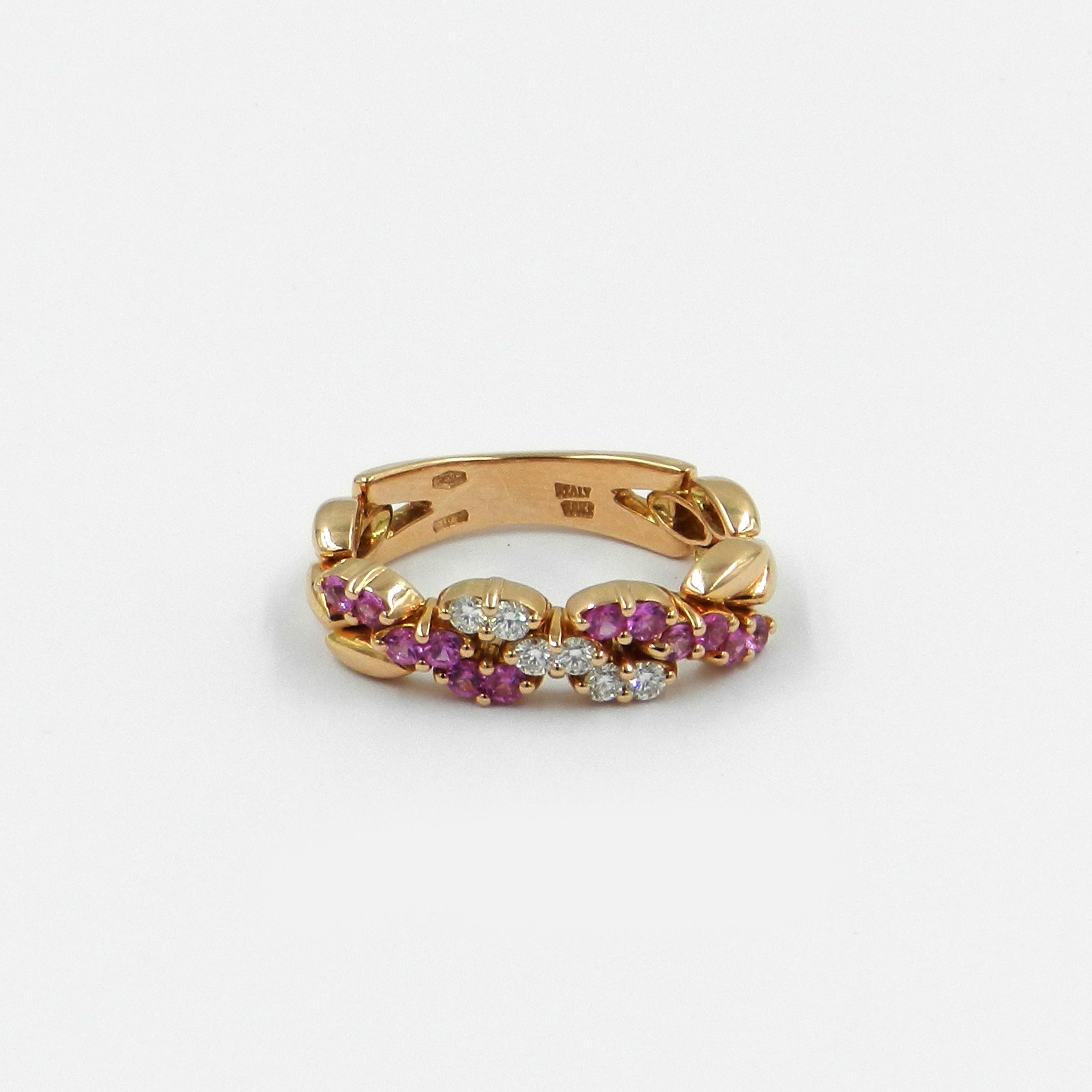 Contemporary 18 Karat Rose Gold White Diamonds and Pink Sapphires Garavelli Ring