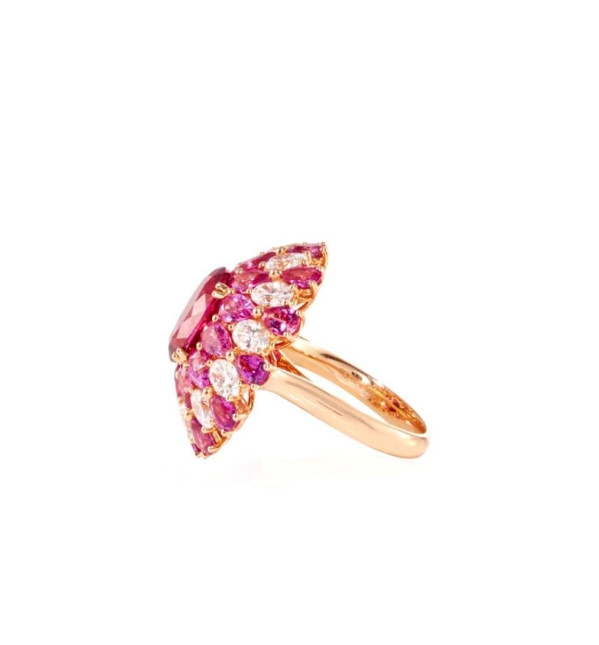 Contemporary 18 Karat Rose Gold, White Diamonds and Rubellite Ballerina Cocktail Ring For Sale