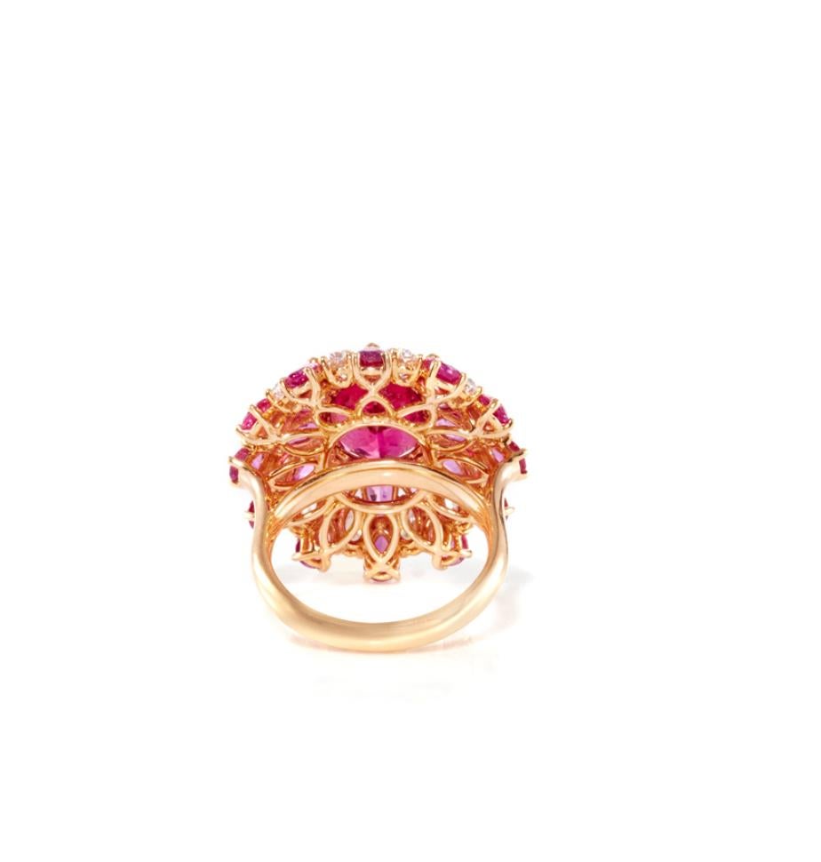 Oval Cut 18 Karat Rose Gold, White Diamonds and Rubellite Ballerina Cocktail Ring For Sale