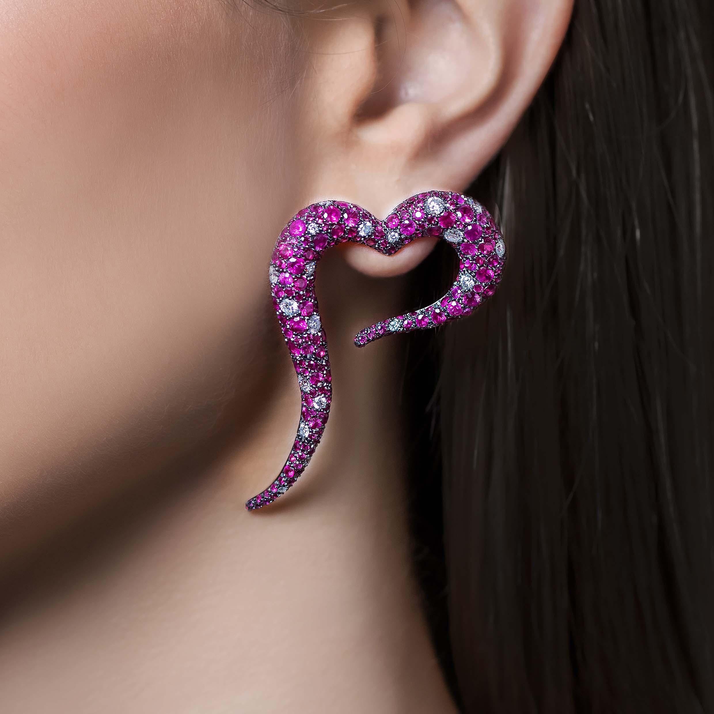 Round Cut 18 Karat Rose Gold, White Diamonds and Rubies Large Heart Shaped Earrings For Sale