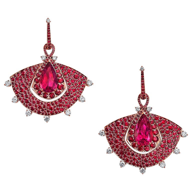Out of Africa rose gold, white diamond, Mozambican ruby and rubellite fan earrings, 2017