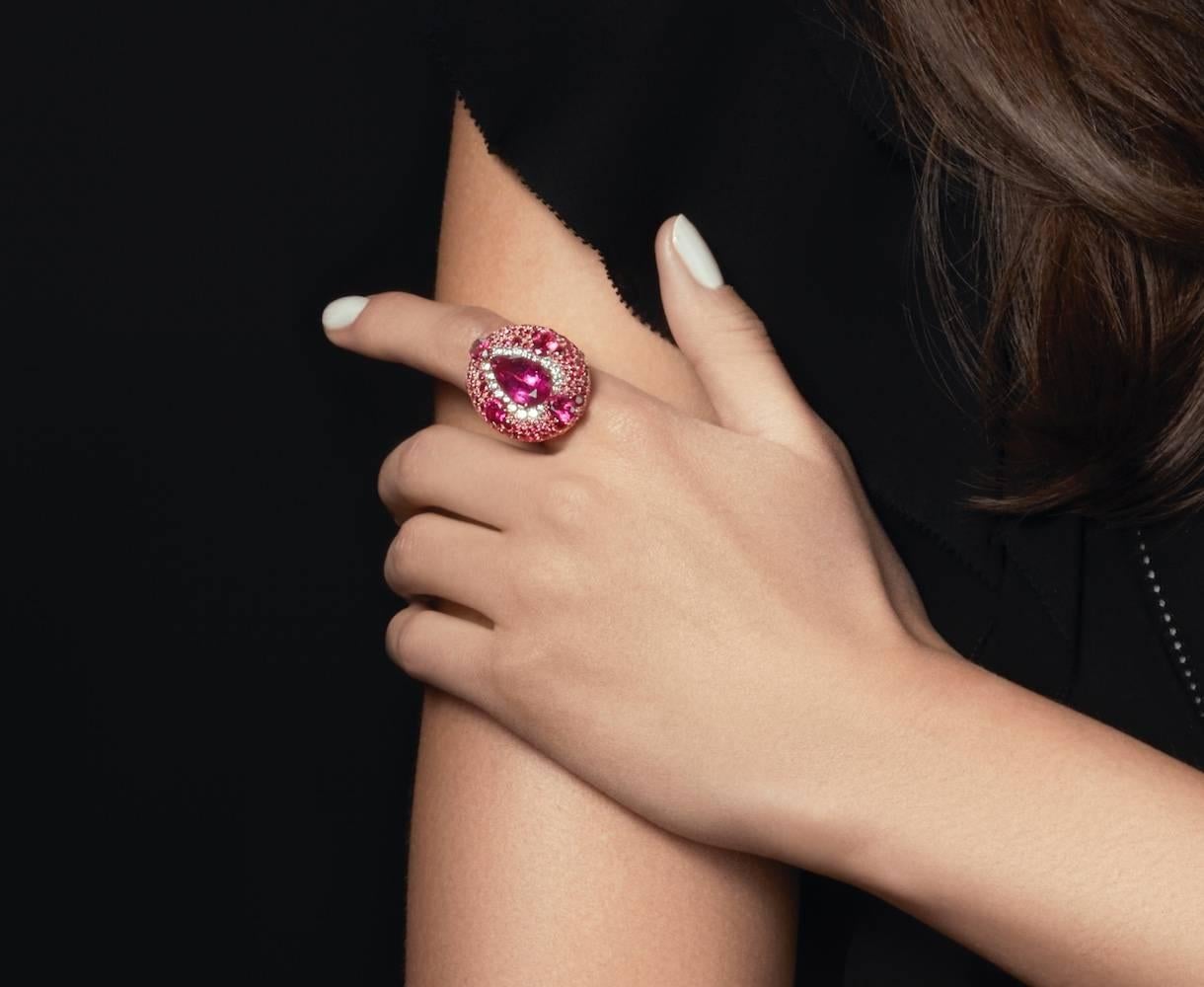 This beautiful and bold ring is  part of  the Out of Africa collection from Vanleles which is dedicated, entirely, to the beauty of Mozambique’s rubies and rubelites. The bold use of a singular colour with ever so slightly differing hues, gives this