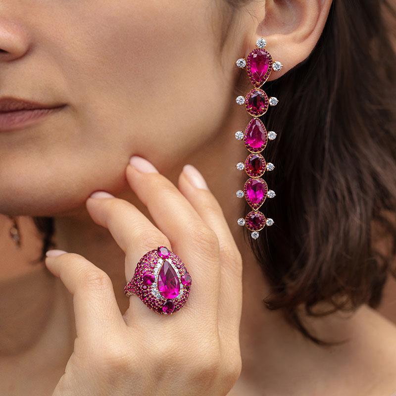Modern 18 Karat Rose Gold, White Diamonds, Rubies and Rubellite Cocktail Ring For Sale