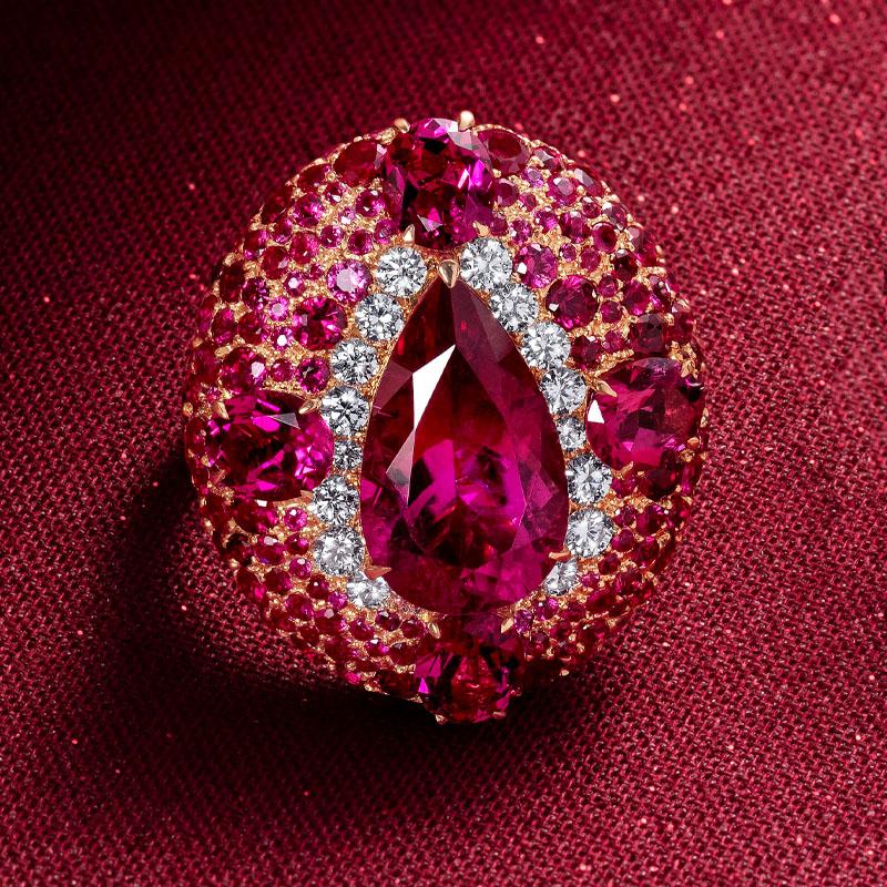 Pear Cut 18 Karat Rose Gold, White Diamonds, Rubies and Rubellite Cocktail Ring For Sale