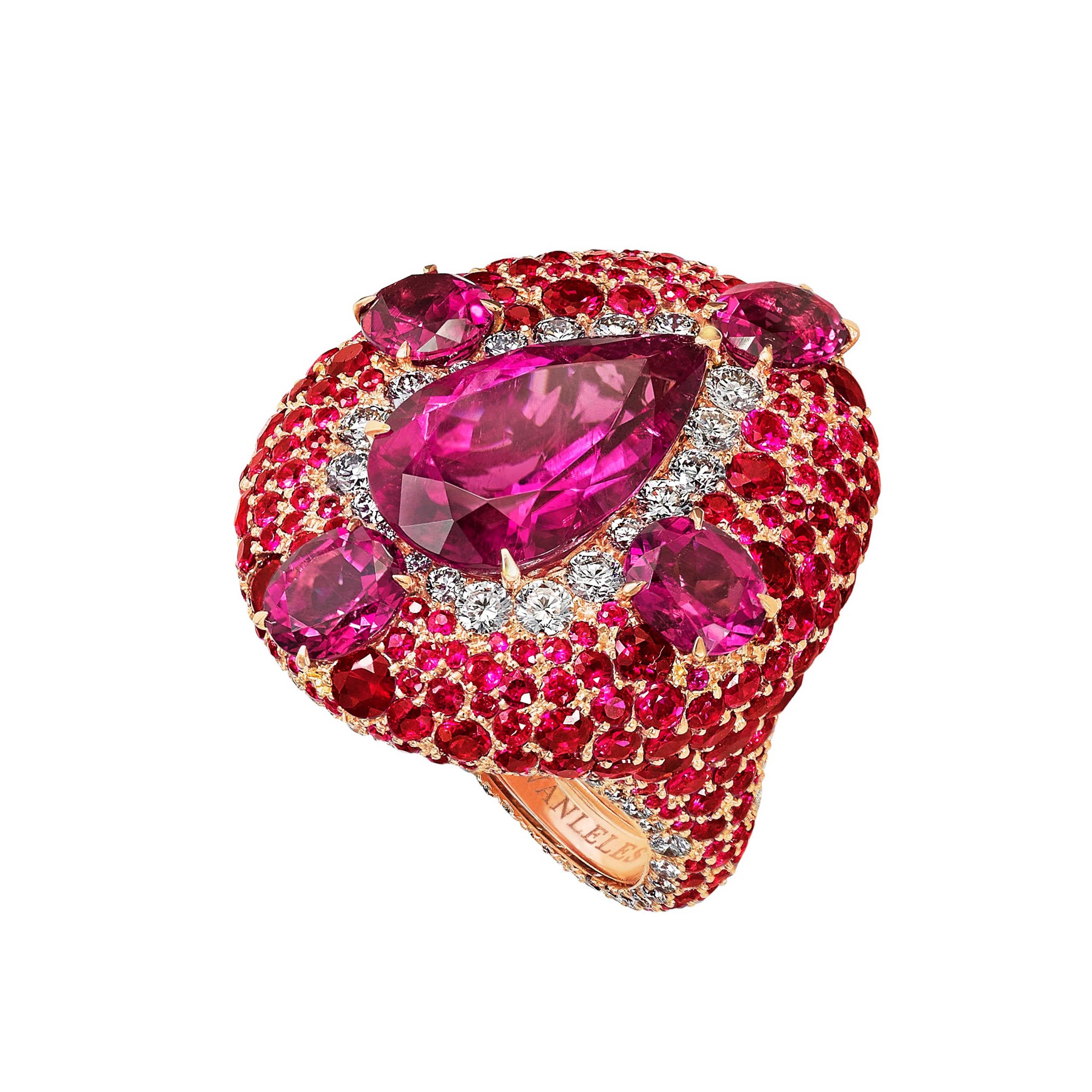Women's 18 Karat Rose Gold, White Diamonds, Rubies and Rubellite Cocktail Ring For Sale