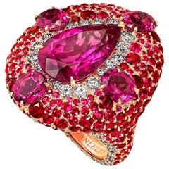 18 Karat Rose Gold, White Diamonds, Rubies and Rubellite Cocktail Ring
