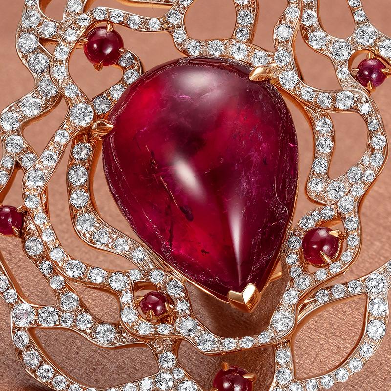 Pear Cut 18 Karat Rose Gold, White Diamonds, Rubies and Rubellite Earclips For Sale