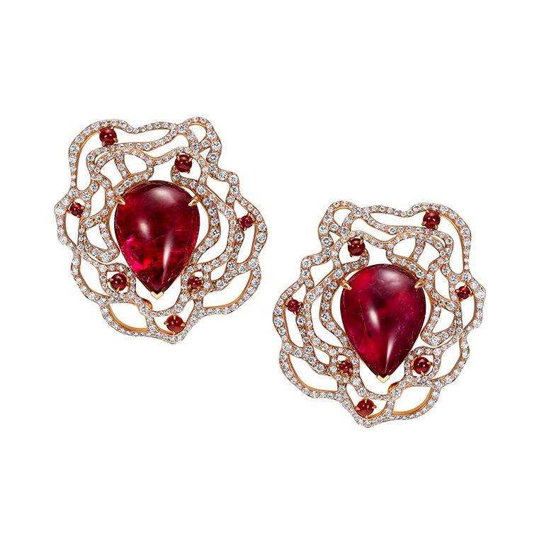 18 Karat Rose Gold, White Diamonds, Rubies and Rubellite Earclips For Sale