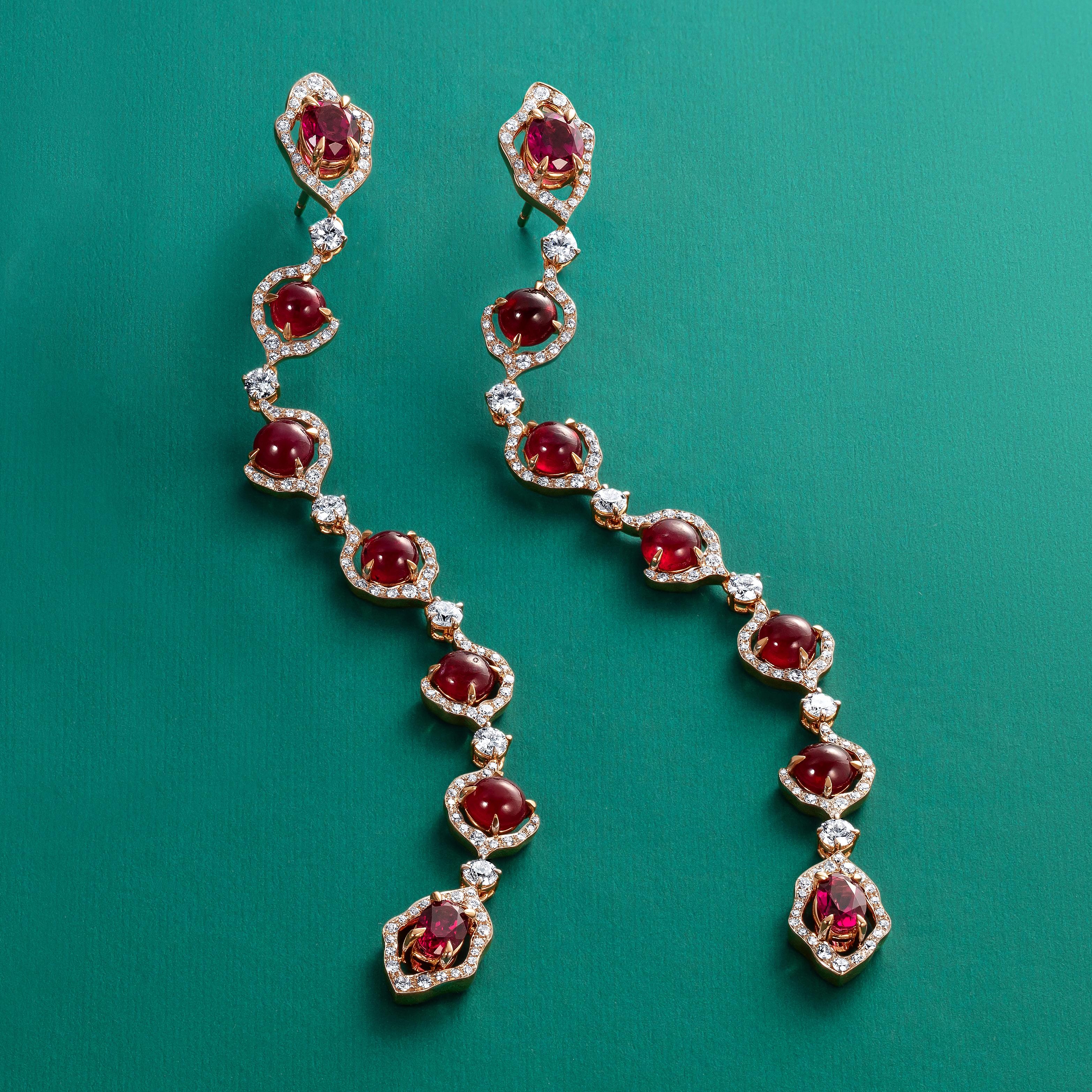 Contemporary 18 Karat Rose Gold, White Diamonds, Rubies and Rubellite Stiletto Earrings For Sale