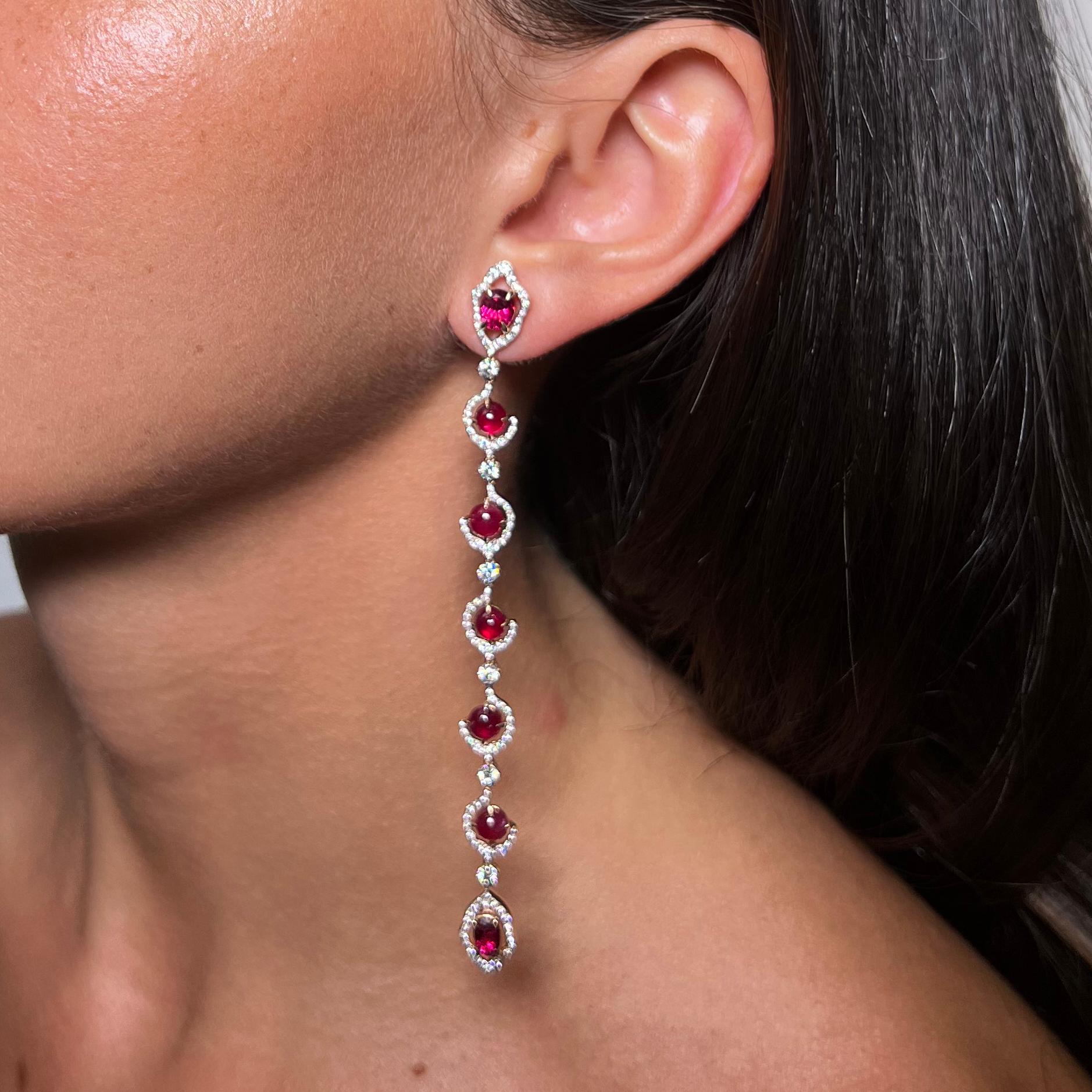 18 Karat Rose Gold, White Diamonds, Rubies and Rubellite Stiletto Earrings In New Condition For Sale In Mayfair, London, GB