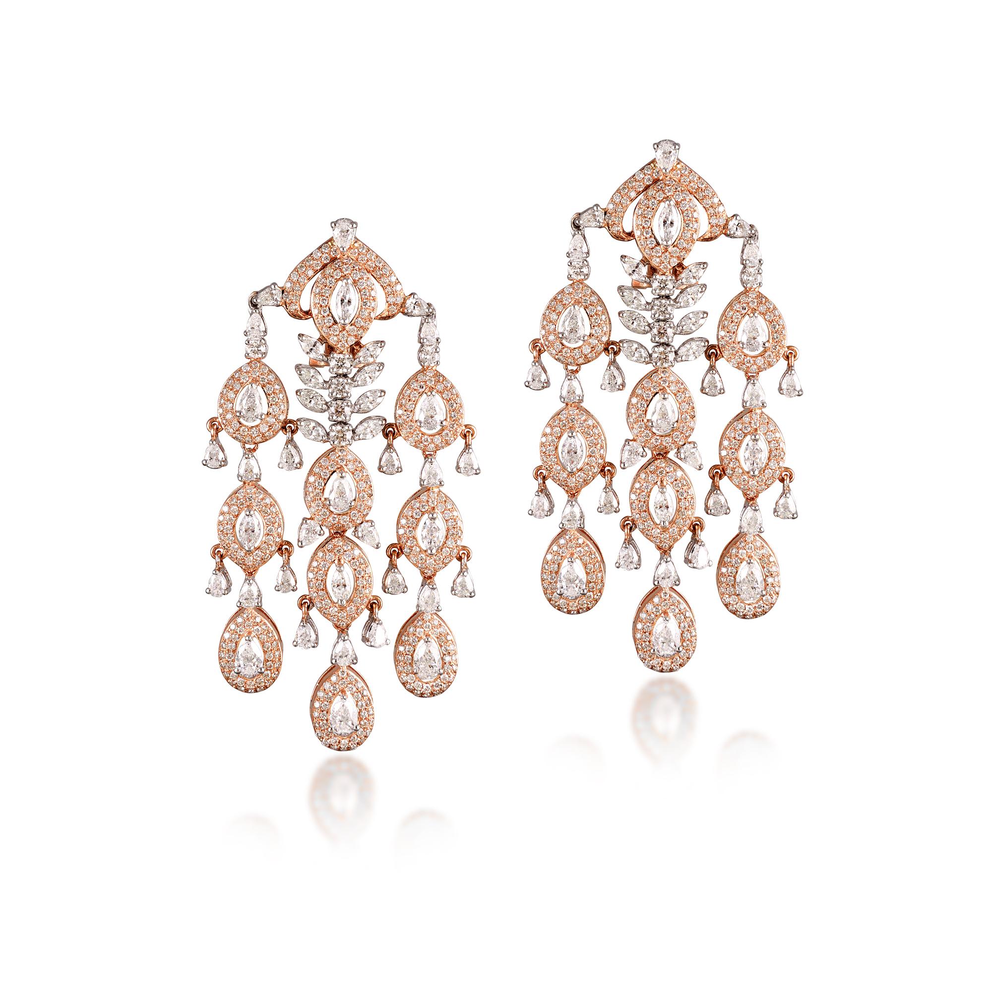 Contemporary 18 Karat Rose Gold White Gold White Diamond Chandelier Earrings For Sale