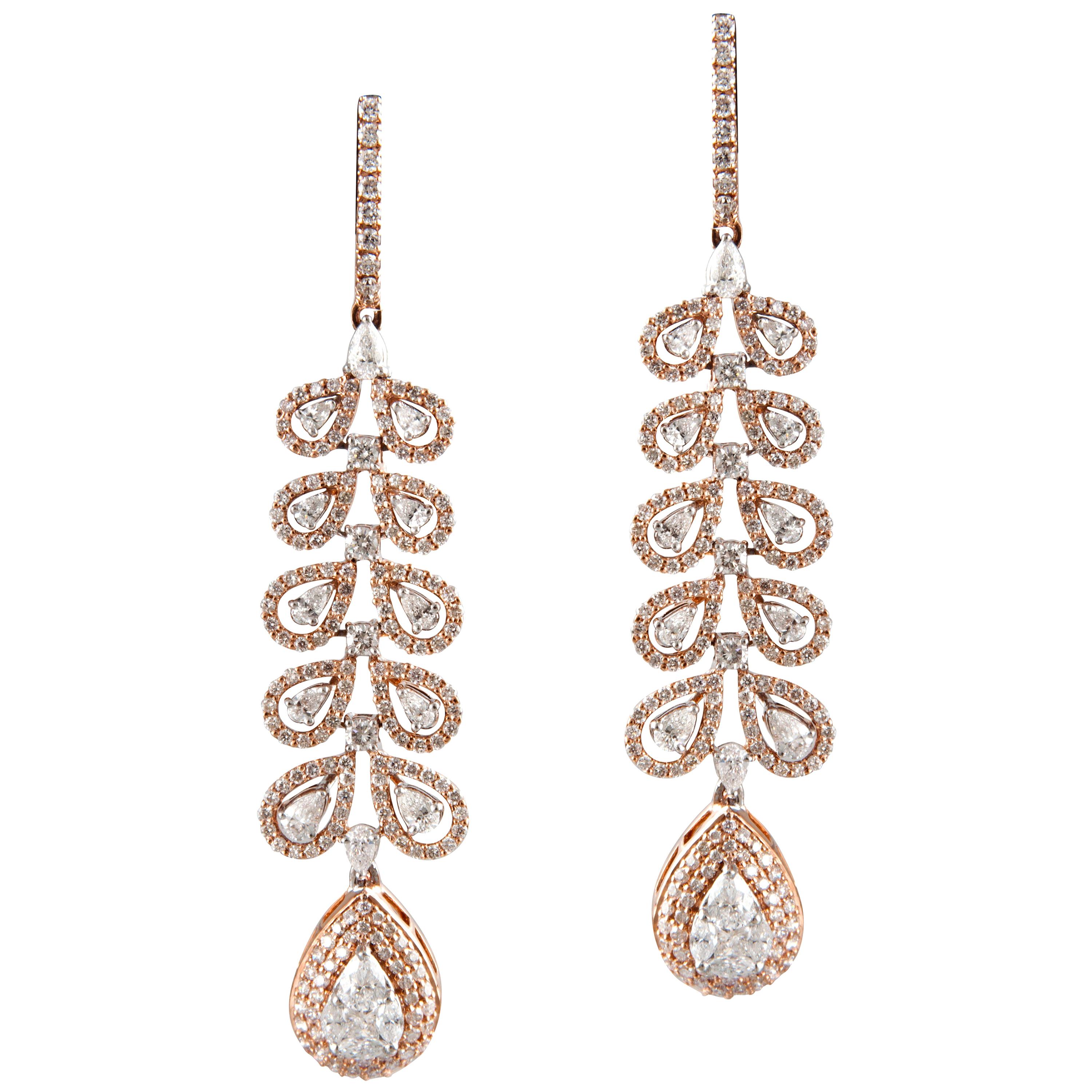 Boucles d'oreilles chandelier en or rose 18 carats, or blanc et diamants blancs