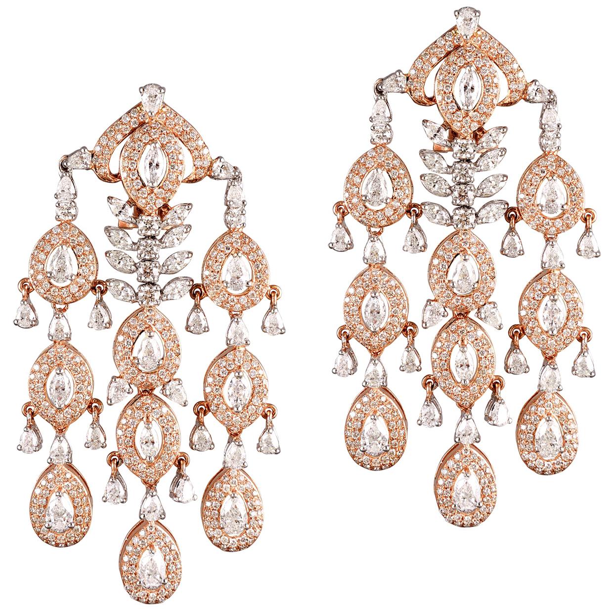 Boucles d'oreilles chandelier en or rose 18 carats, or blanc et diamants blancs