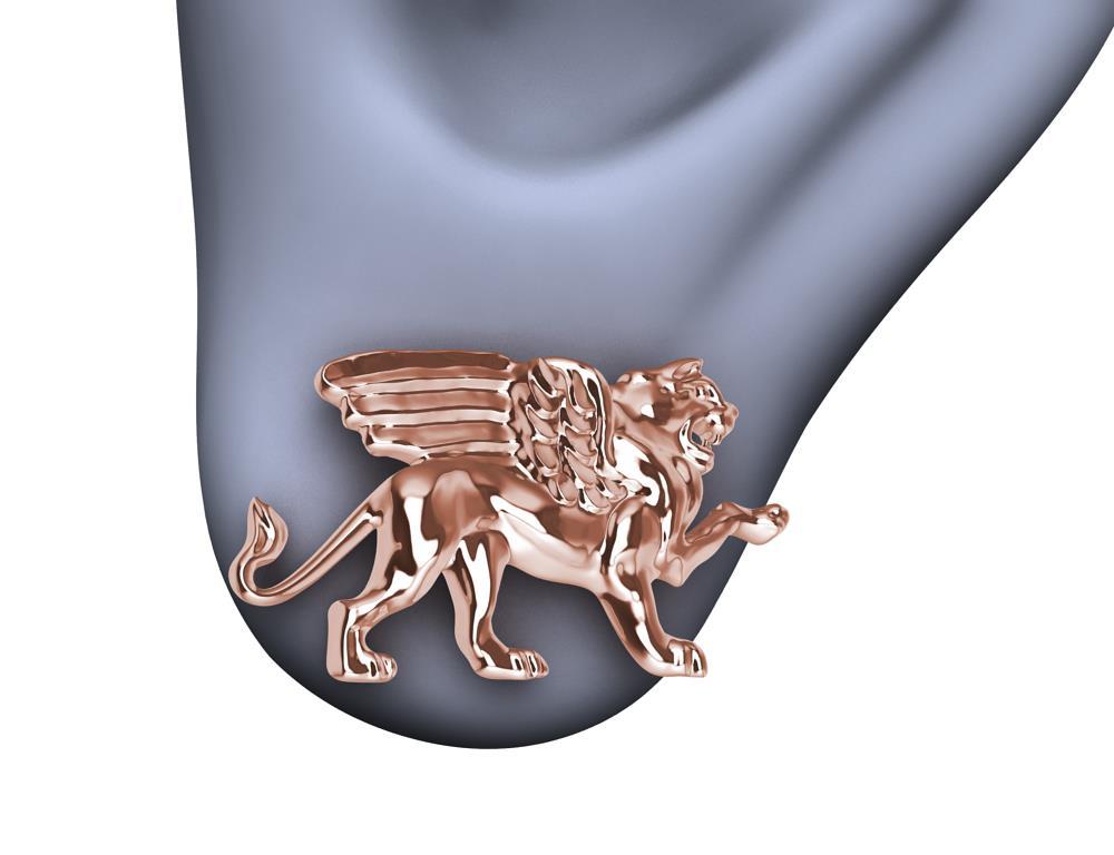 18 Karat Rose Gold Winged Lion  Griffin Stud Earrings Tiffany designer , Thomas Kurilla created this for 1st dibs exclusively. Sculpture is my passion. The first beast in the book of Daniel  was a winged lion. And this creature  has also symbolized