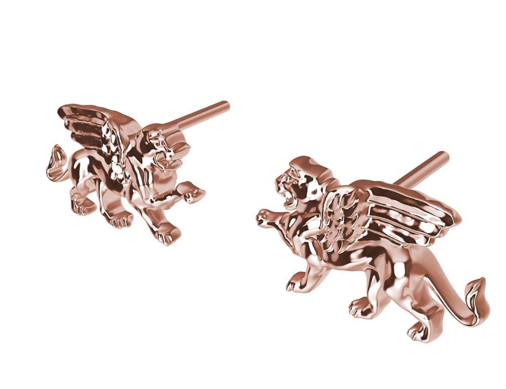 Contemporary 18 Karat Rose Gold Winged Lion Griffin Stud Earrings For Sale