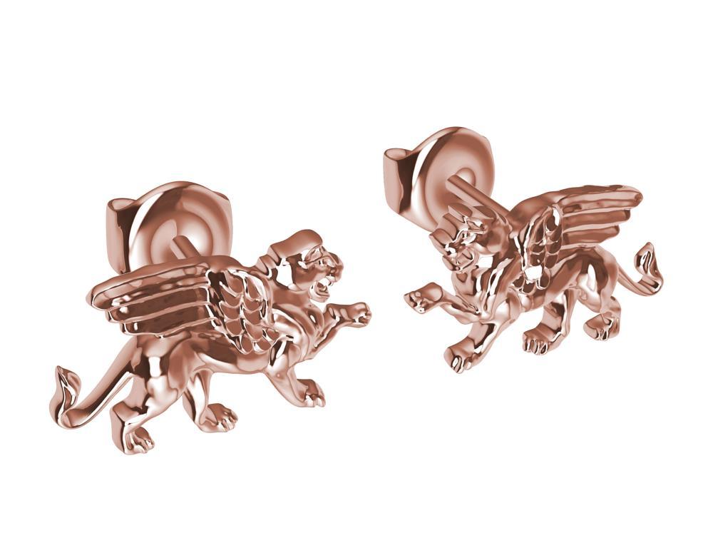 Women's 18 Karat Rose Gold Winged Lion Griffin Stud Earrings For Sale