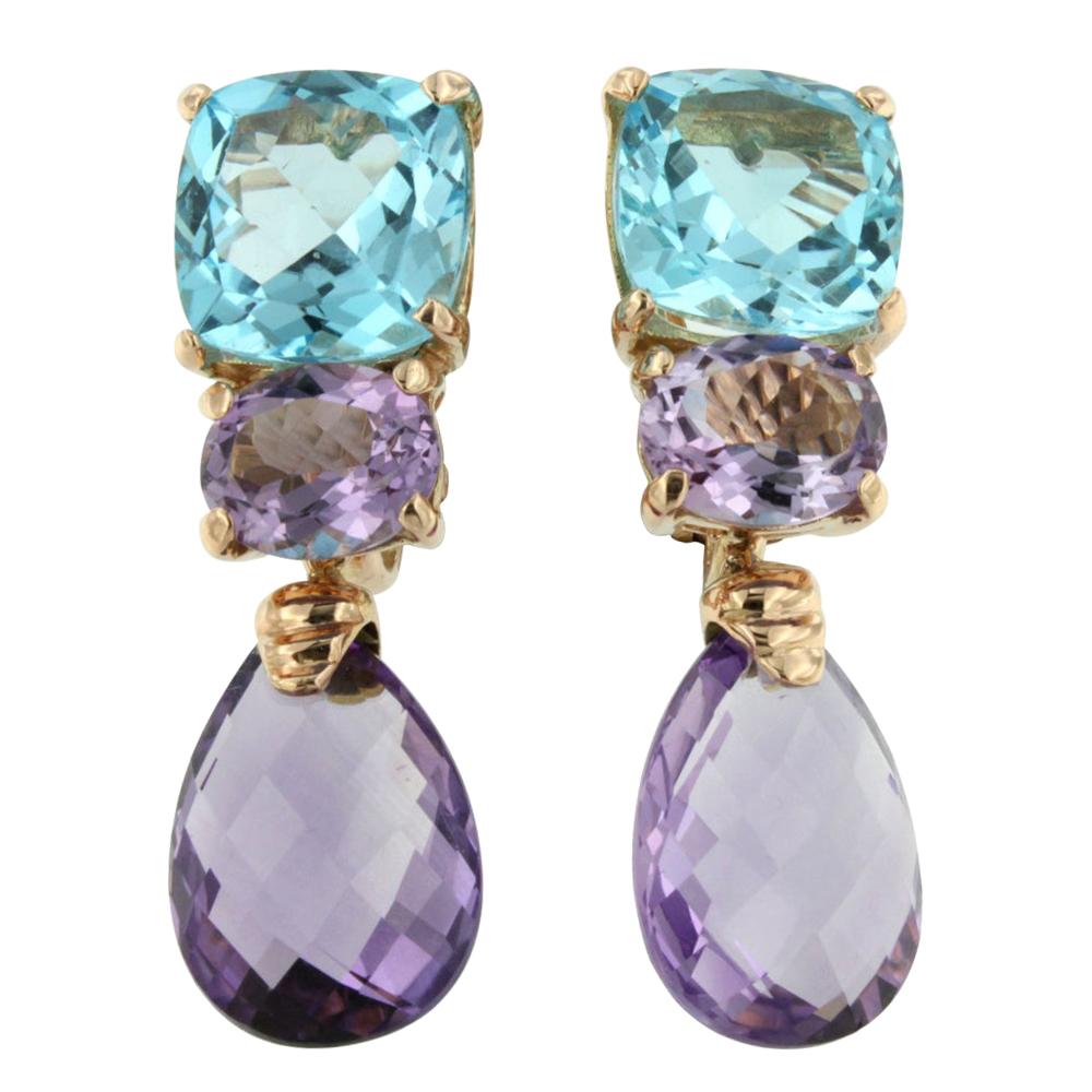 18 Karat Rose Gold with Amethyst and Blue Topaz Earrings