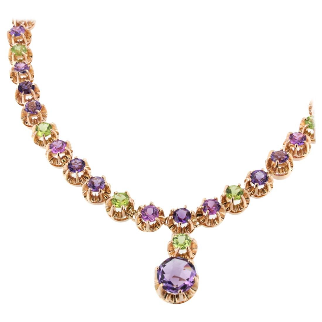 18 Karat Rose Gold with Amethyst and Peridot Necklace For Sale