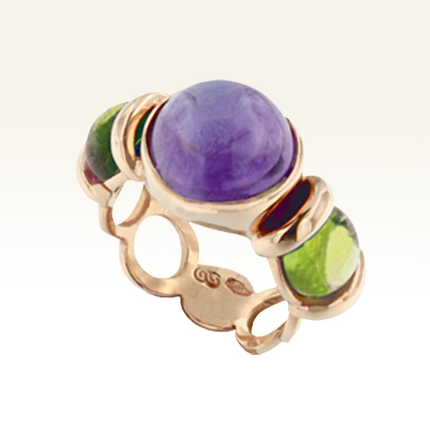 Round Cut 18 Karat Rose Gold with Amethyst and Peridot Cocktail Fashion Modern Pretty Ring For Sale