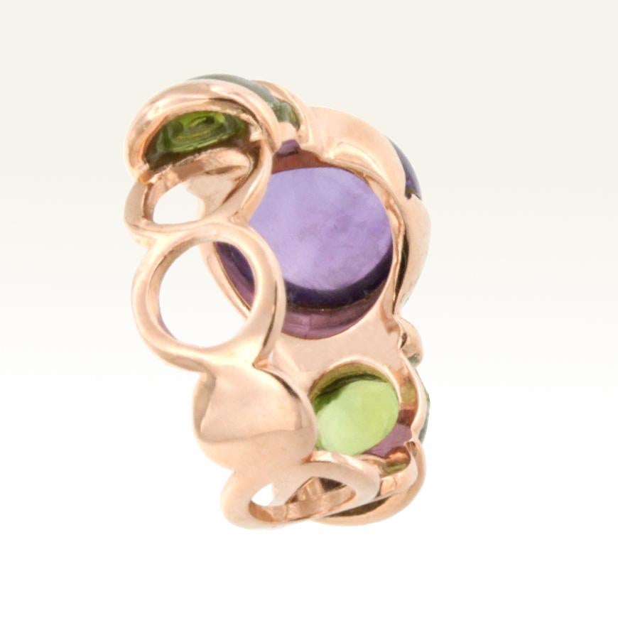 Women's or Men's 18 Karat Rose Gold with Amethyst and Peridot Cocktail Fashion Modern Pretty Ring For Sale