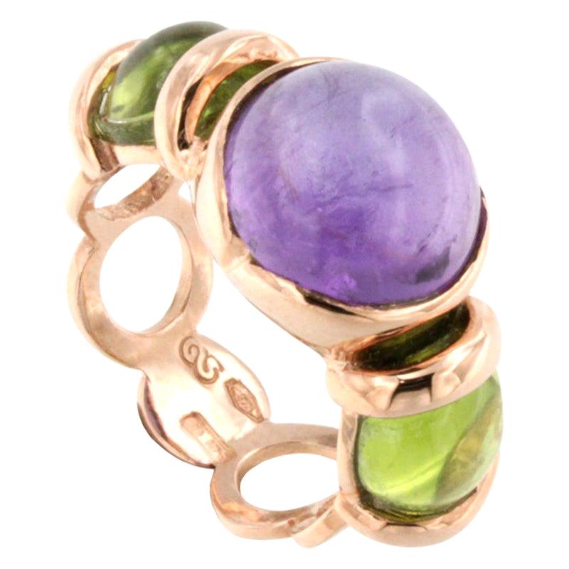 18 Karat Rose Gold with Amethyst and Peridot Cocktail Fashion Modern Pretty Ring