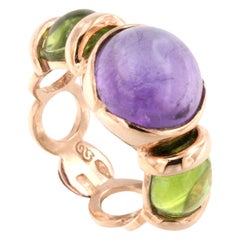 18 Karat Rose Gold with Amethyst and Peridot Cocktail Fashion Modern Pretty Ring