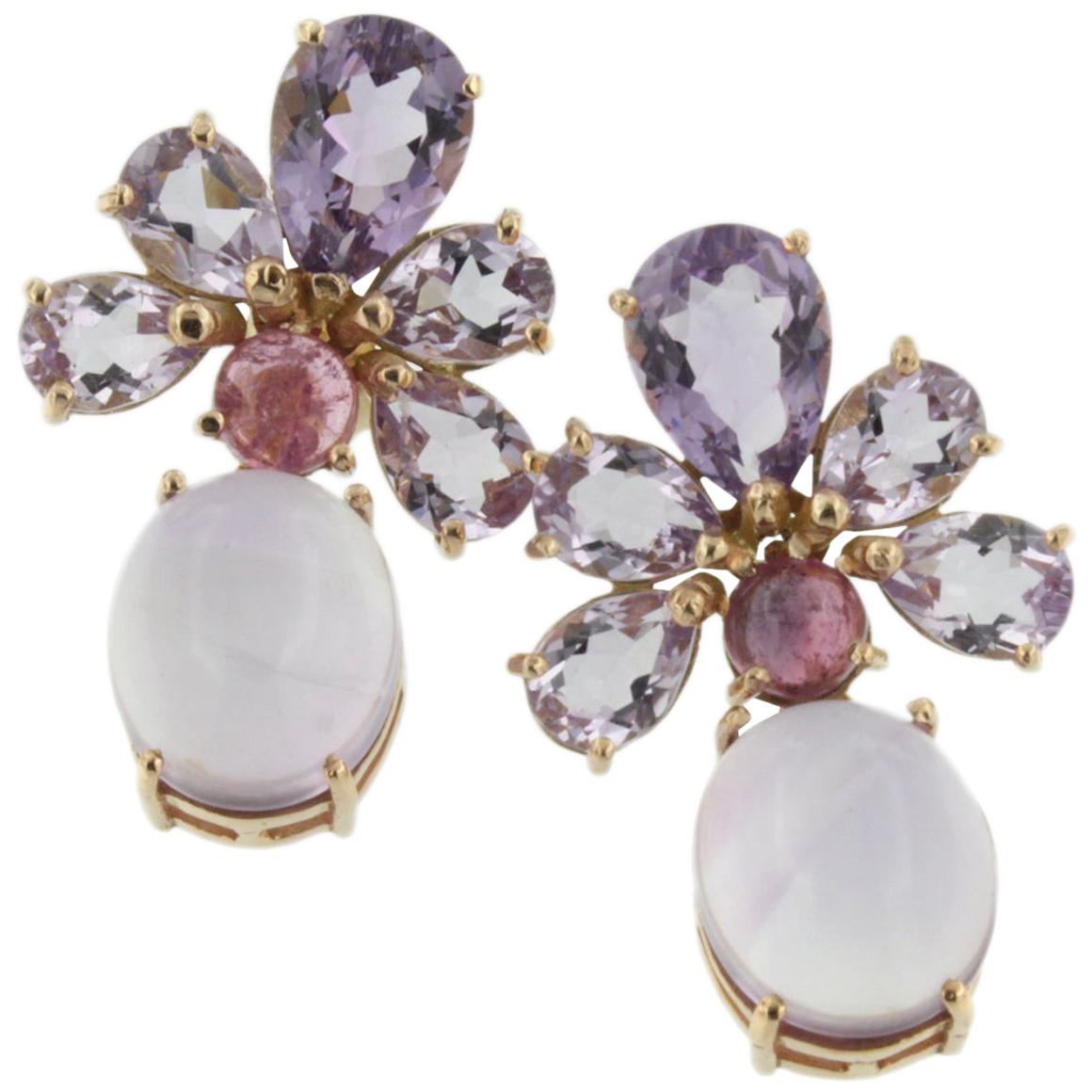 18 Karat Rose Gold with Amethyst and Pink Tourmaline Earrings For Sale