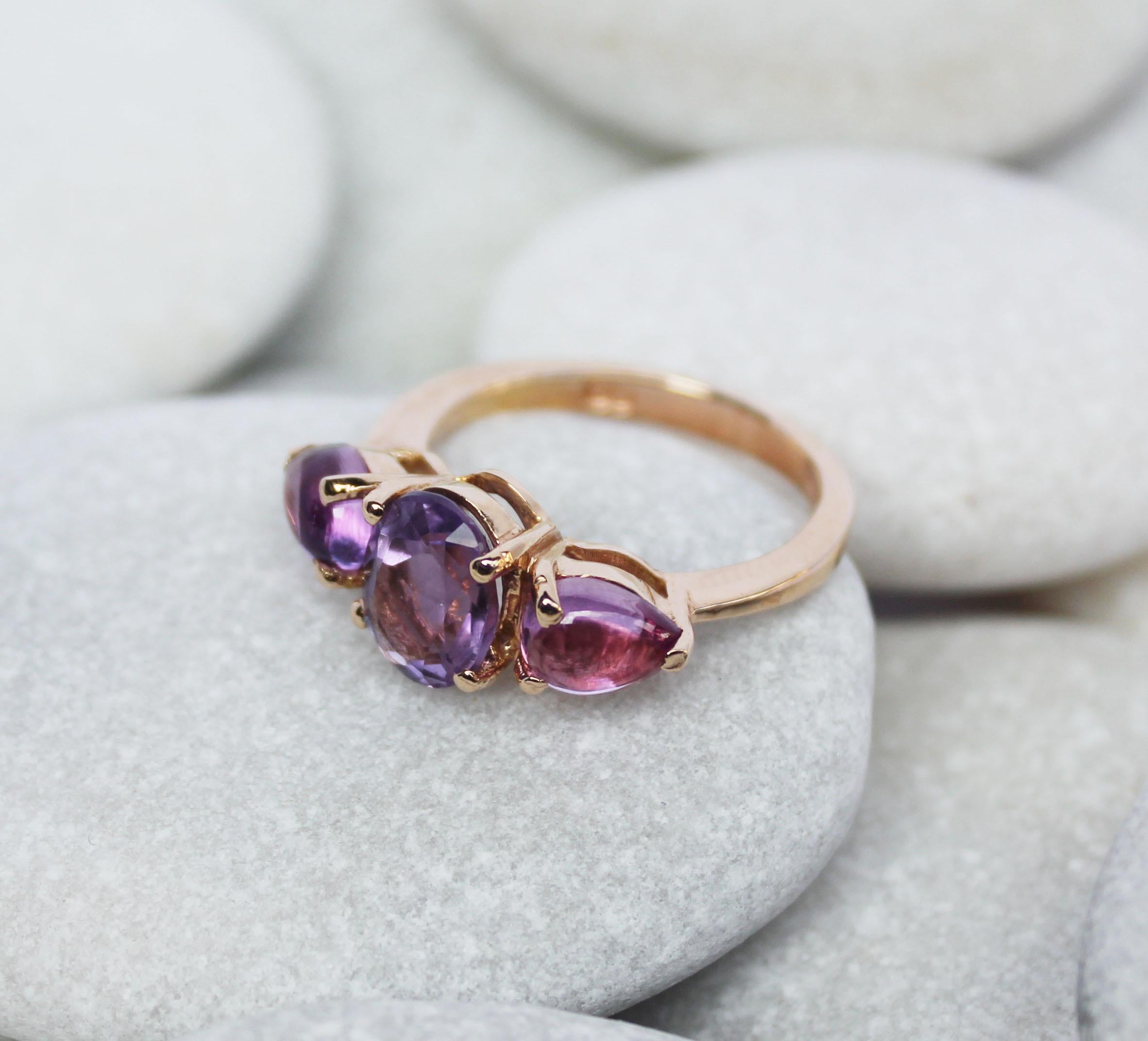 Oval Cut 18 Karat Rose Gold With Amethyst And Pink Tourmaline Modern Cocktail Ring For Sale