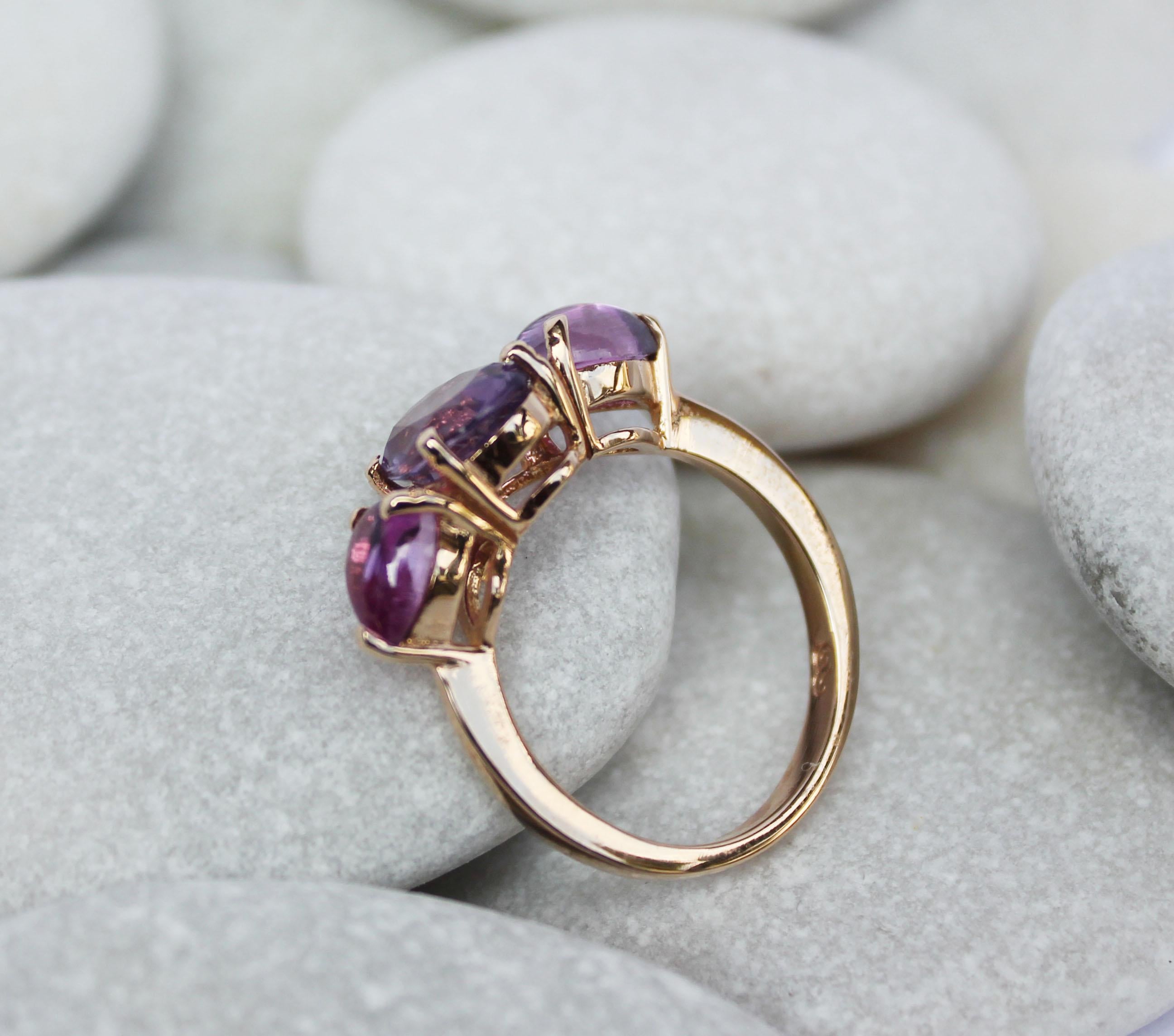 Women's or Men's 18 Karat Rose Gold With Amethyst And Pink Tourmaline Modern Cocktail Ring For Sale