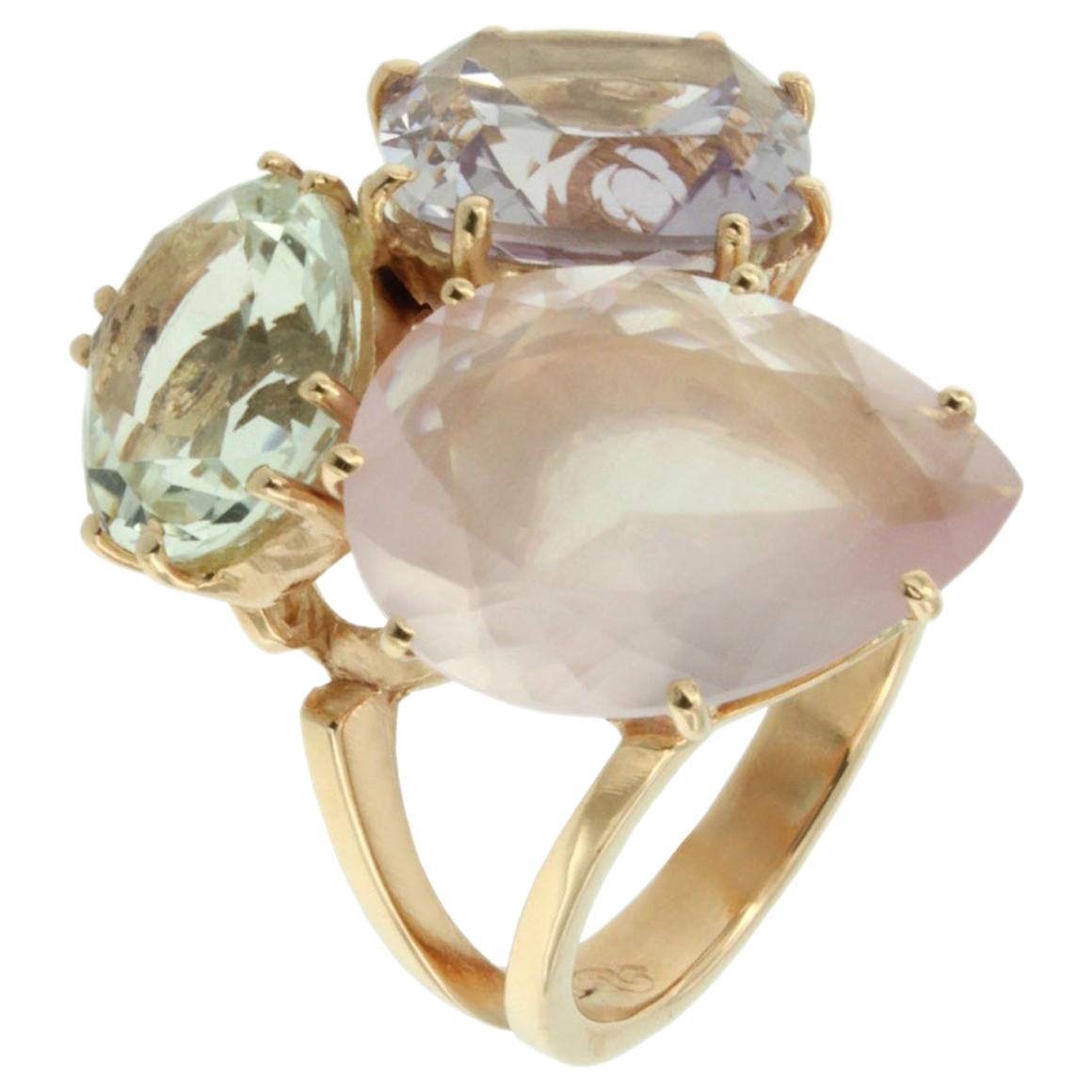 18 Karat Rose Gold with Amethyst Green Amethyst and Pink Quartz Ring
