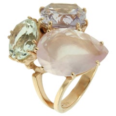 Bague en or rose 18 carats avec améthyste verte, améthyste verte et quartz rose