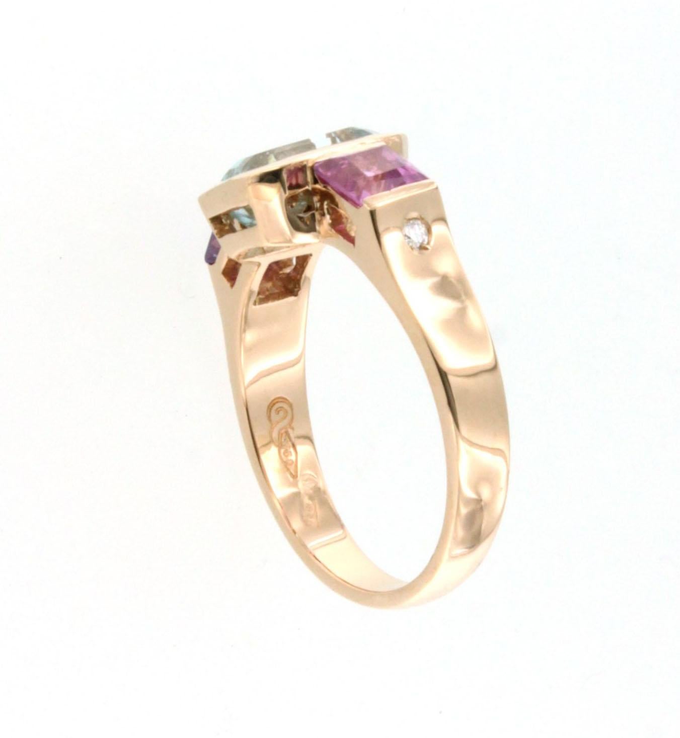 Bague en or rose 18 carats avec aigue-marine, tourmaline rose et diamant blanc Neuf - En vente à GALLARATE, IT