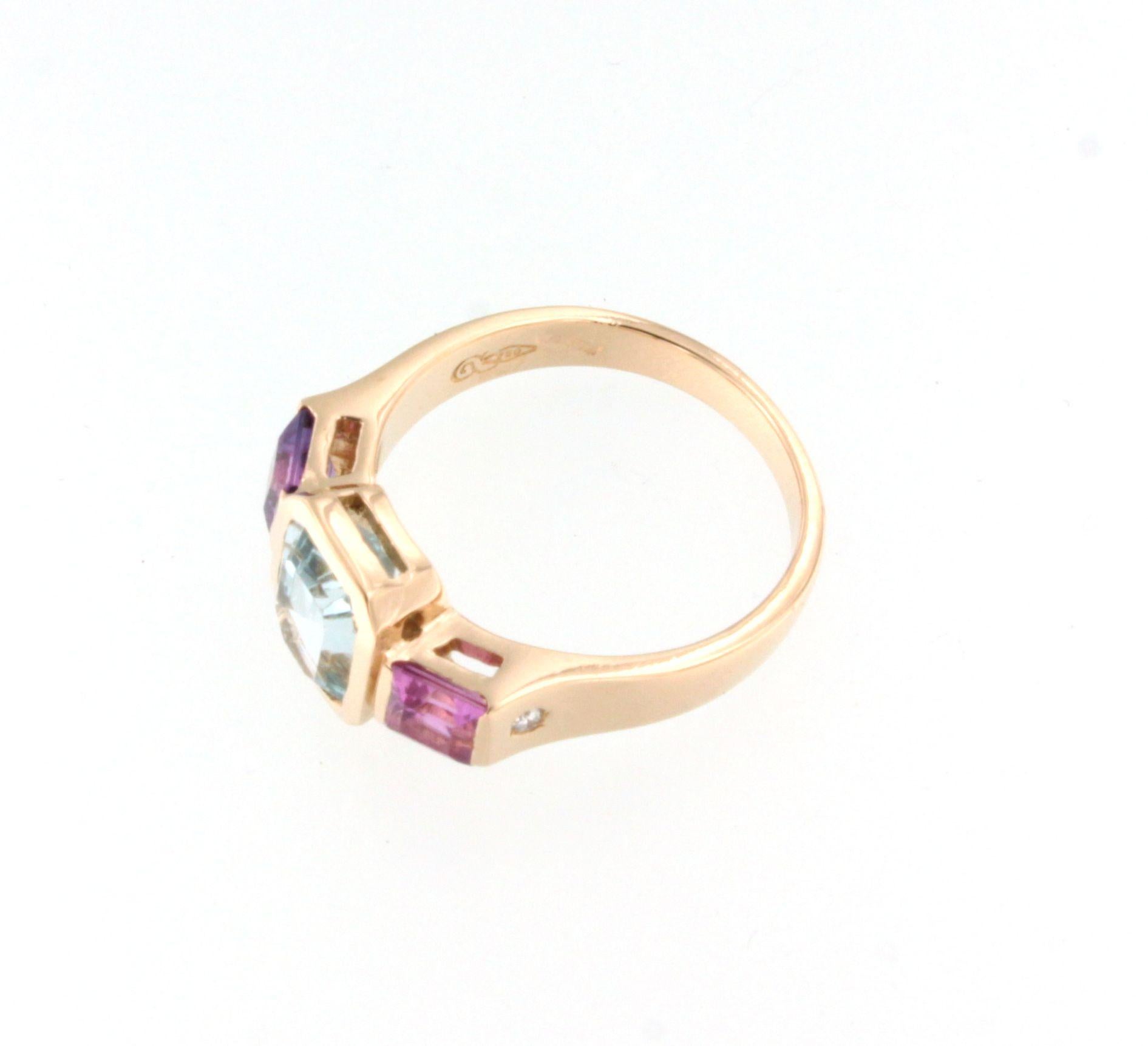 Bague en or rose 18 carats avec aigue-marine, tourmaline rose et diamant blanc Pour femmes en vente