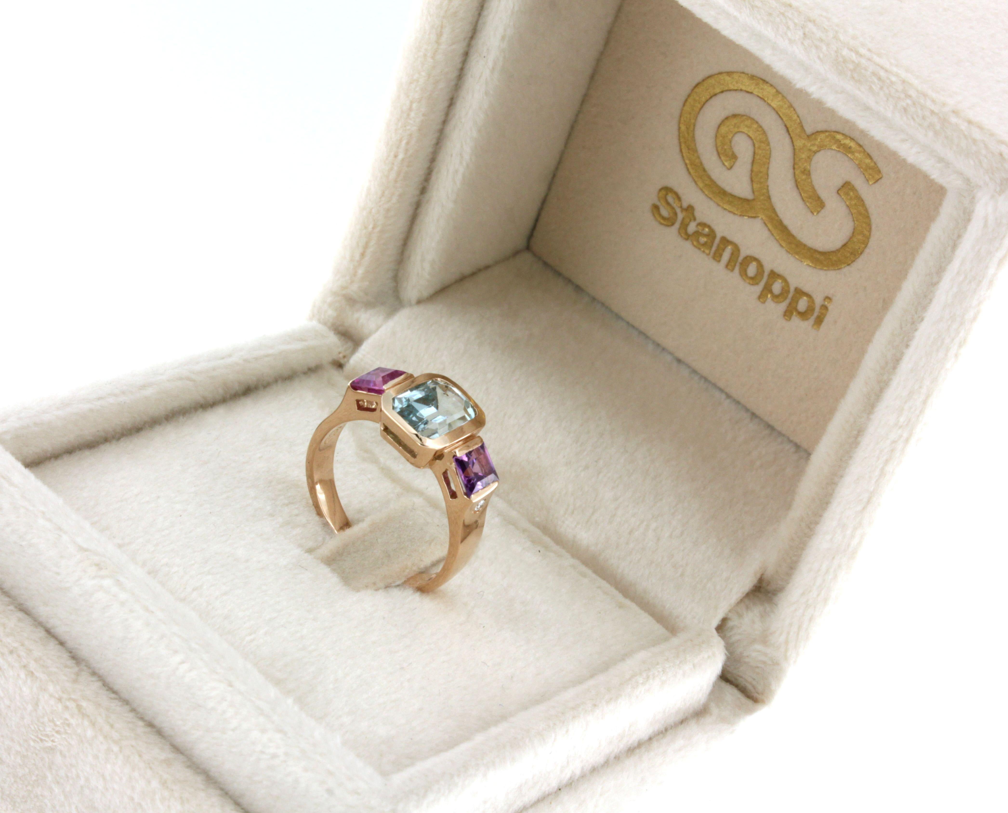 Bague en or rose 18 carats avec aigue-marine, tourmaline rose et diamant blanc en vente 1