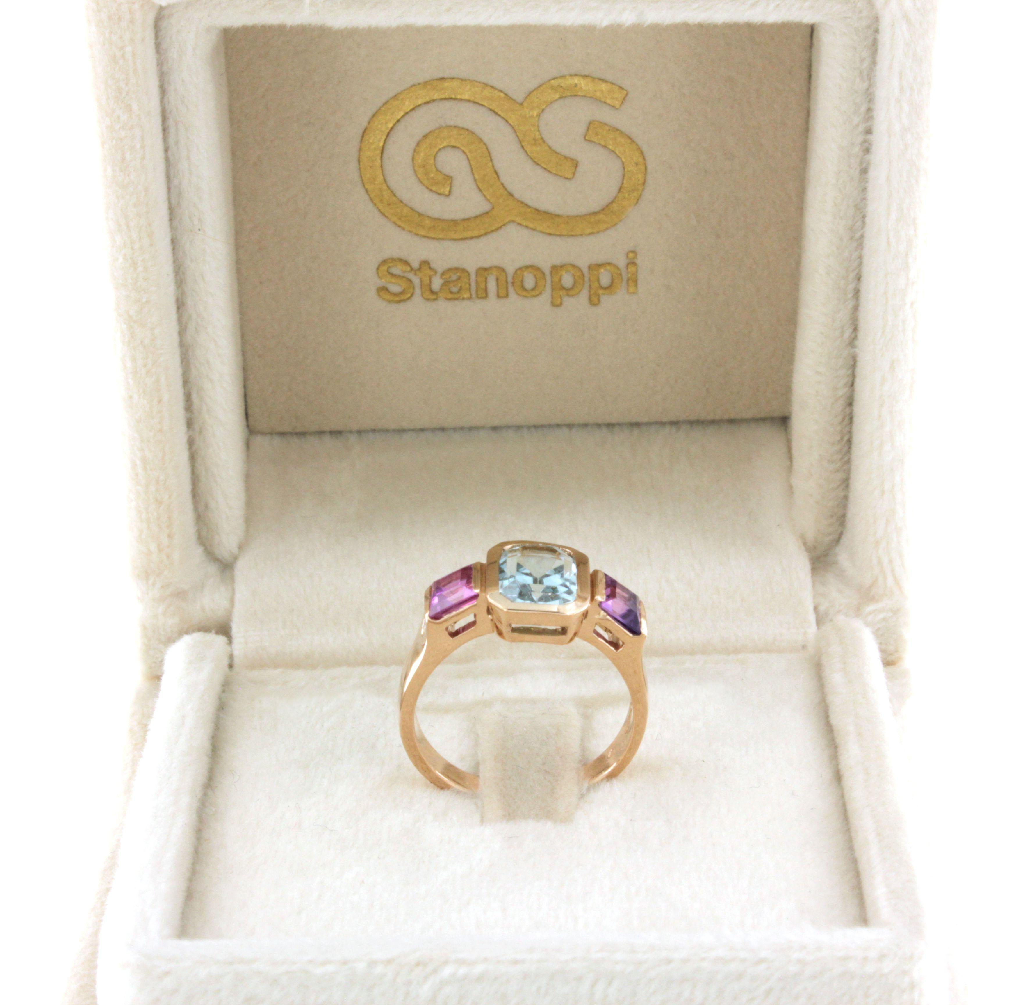 Bague en or rose 18 carats avec aigue-marine, tourmaline rose et diamant blanc en vente 2