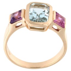 Bague en or rose 18 carats avec aigue-marine, tourmaline rose et diamant blanc