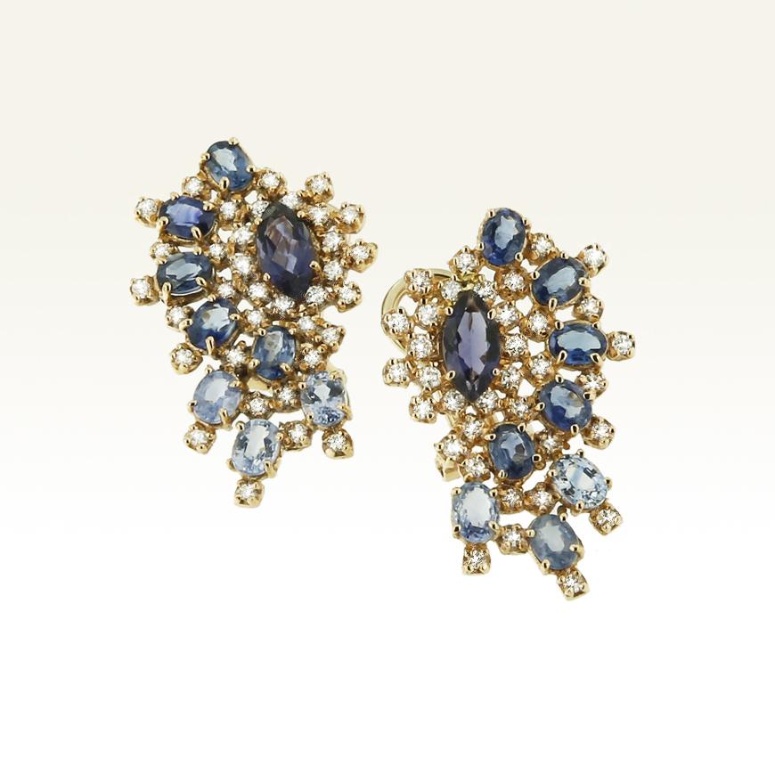 Earrings in 18 karat rose gold with blue Sapphire (ovals stone size: 3x4 mm, marquise stone size: 4x7 mm, total catarts: 3,80) and white diamond ct 1,08 VS colour G/H. This earrings made from Stanoppi Jewellery is part of a unique collection